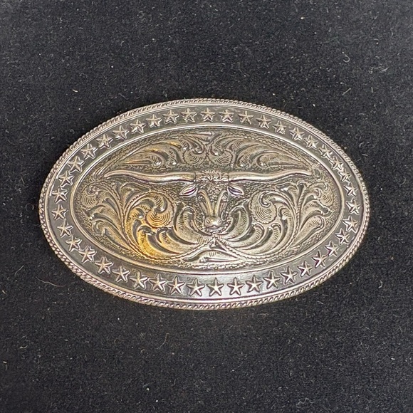 Silver Tone Oval Western Longhorn Belt Buckle - Picture 1 of 8